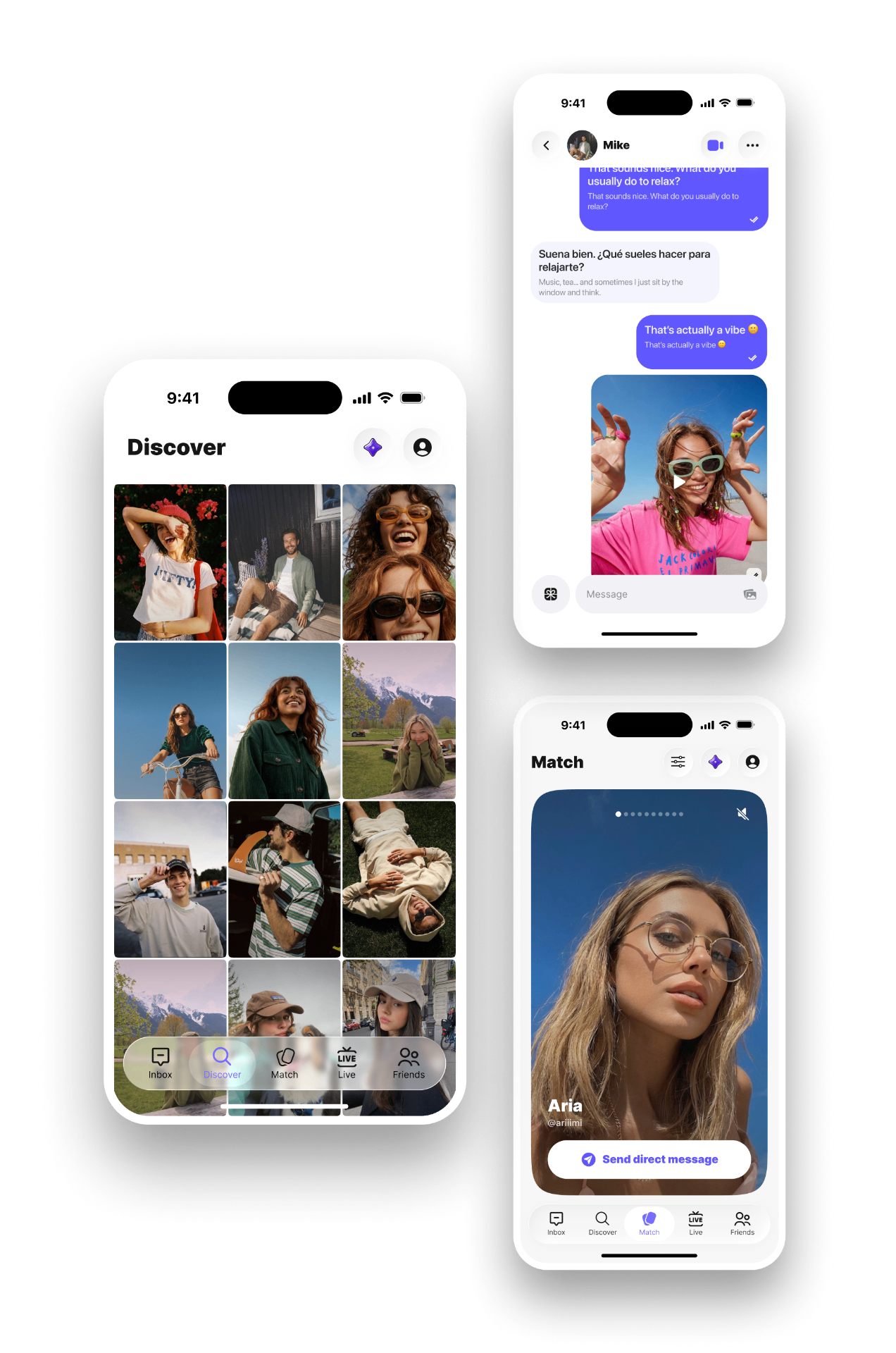 BRB app — Discover, Match and Chat screens